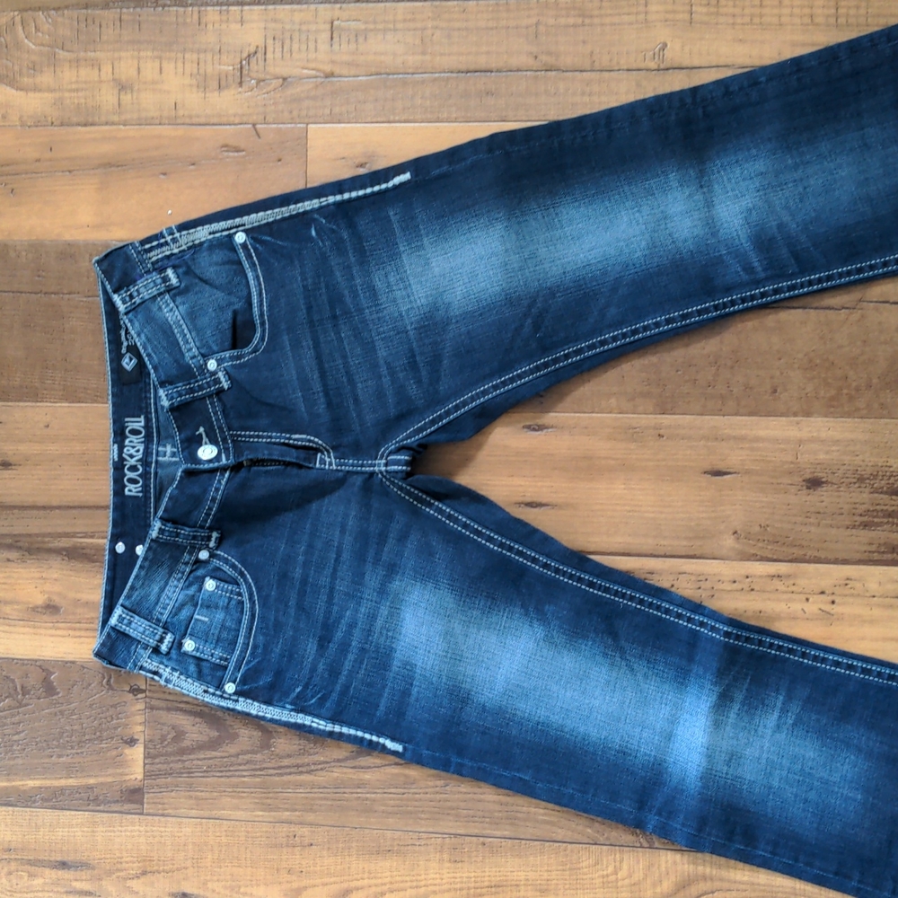 Rock and Roll Cowgirl Dark Wash Bootcut Jeans Oiginal Low Rise, like new 29x36